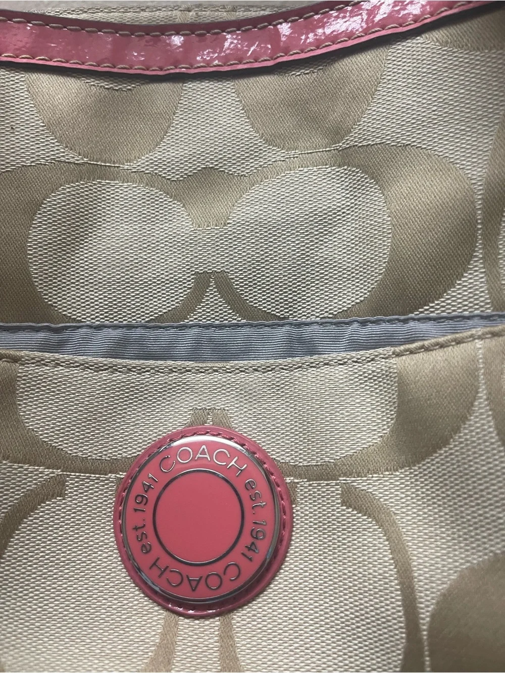Coach Beige Signature Canvas Tote with Pink Leather Trim